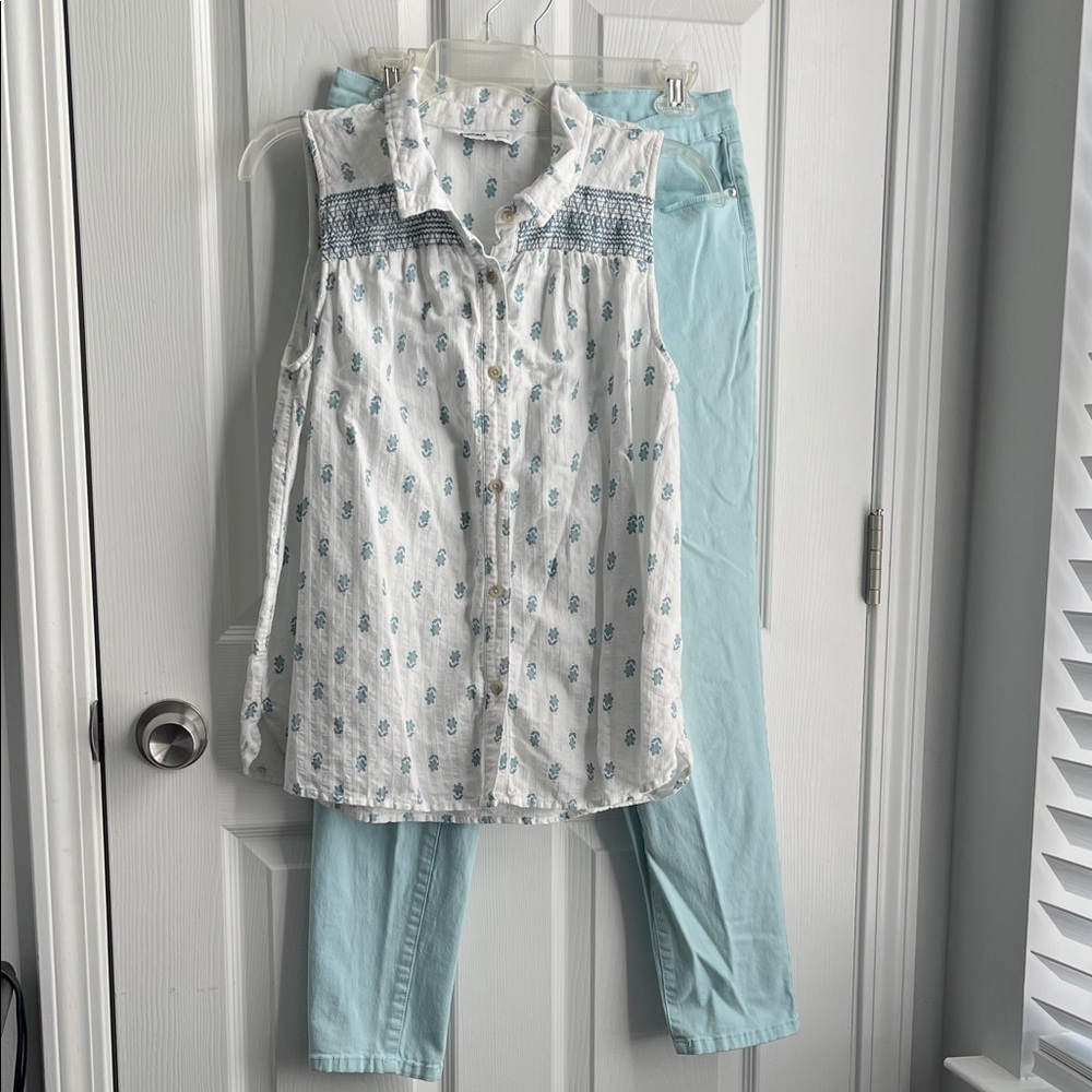 Cute Outfit Charter Club Light Blue Skinny Ankle Pants And Sonoma Blouse.